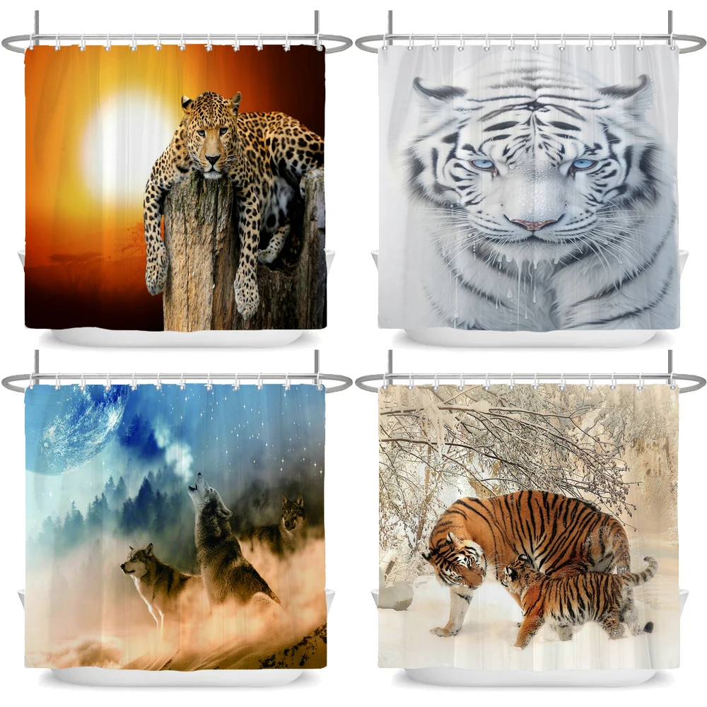 

Leopard Tiger lion Wolf Animal Waterproof Fabric Shower Curtain with Hooks For Bathtub Bathroom Screens Home Decor Wall Cloth