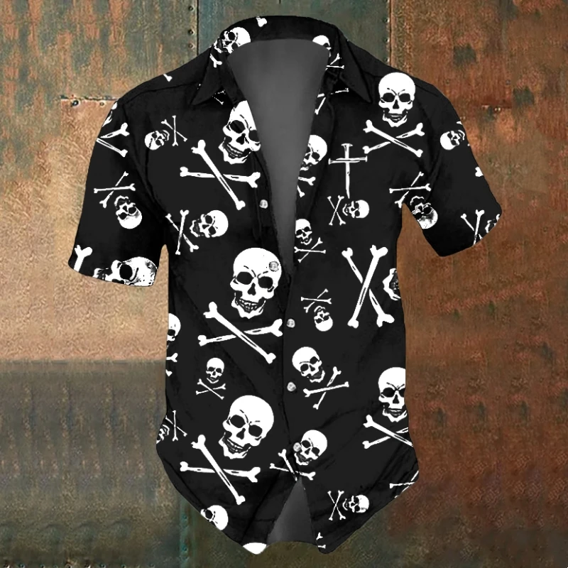 Casual Short Sleeved Shirt Short Sleeved Shirt Men's Skull Shirts Summer Casual Short Sleeve Shirt for Men Black White Printed Men's Clothing Loose Oversized Lapel Shirts Top