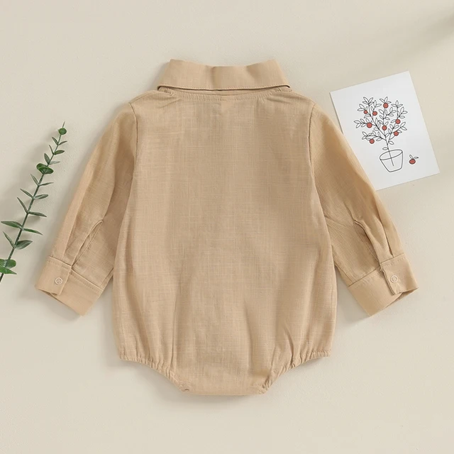2023-08-16 Lioraitiin 0-24M Newborn Baby Boy Cotton Linen Shirt Romper Solid Long Sleeve Lapel Button Down Jumpsuit Clothes 5