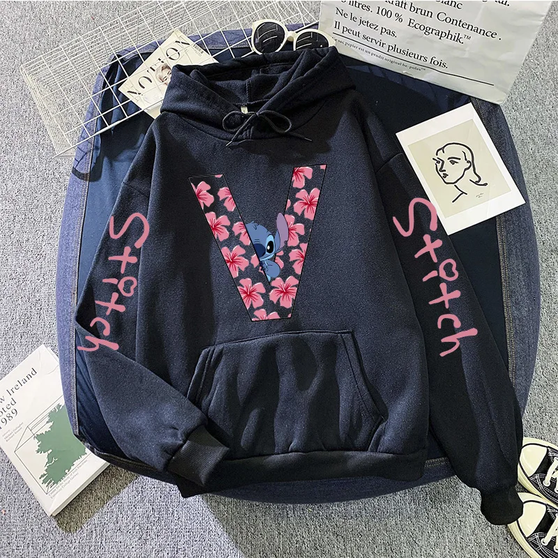 Sweatshirts Women's Winter Hoodies Cute Kawaii Disney Lilo & Stitch 26 English Letters Print Hoodie Fashion Couple Streetwear 5