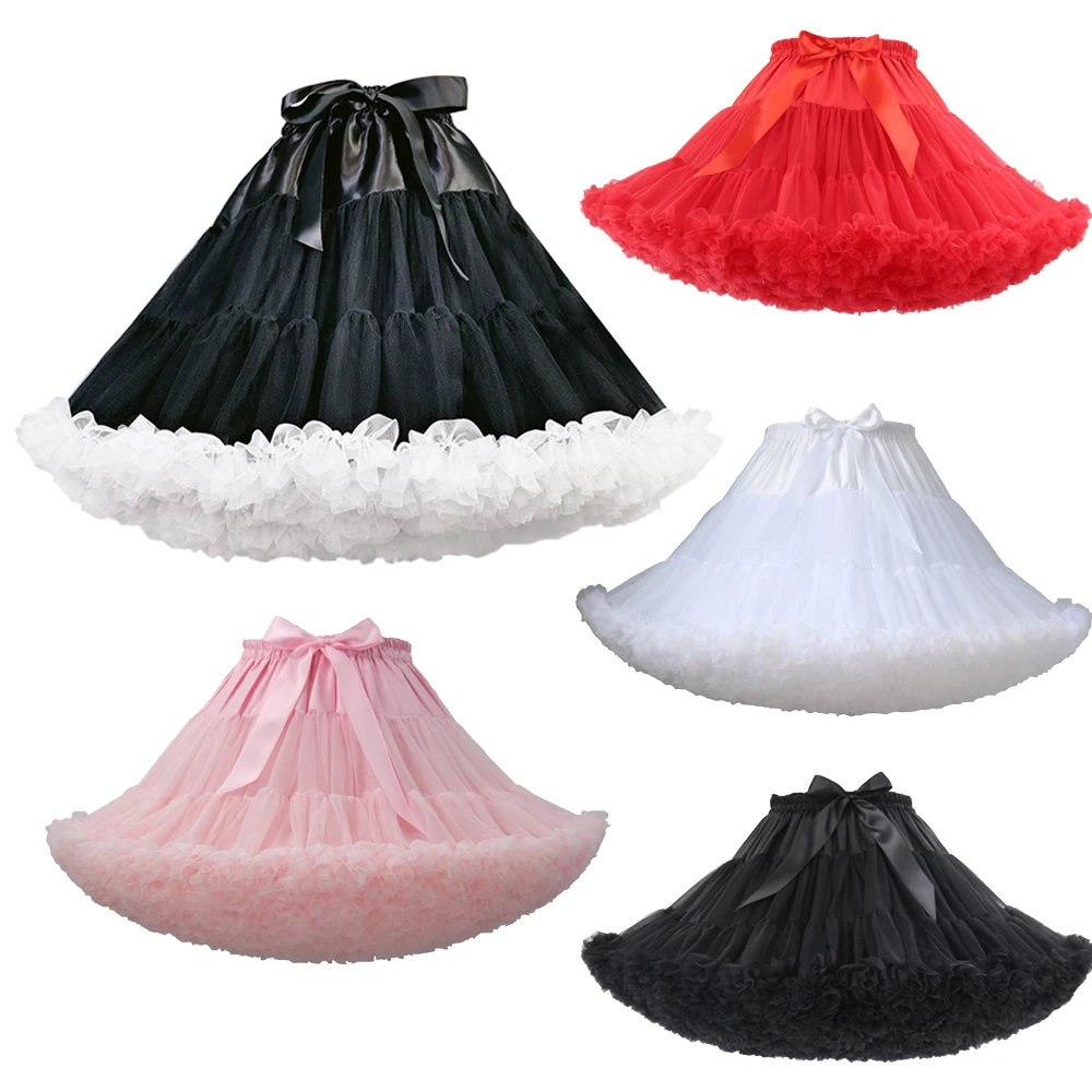 Lolita petticoat Womens 3-Layered Pleated Tulle Petticoat White Black Pink Red Tutu Puffy Party Cosplay Skirt