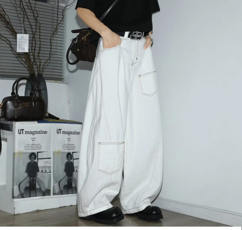 Y2K Men's Jeans White High-Waisted Wide-Leg Denim Pants Retro Baggy Style Fashion Loose Fit Casual Denim Trousers Streetwear
