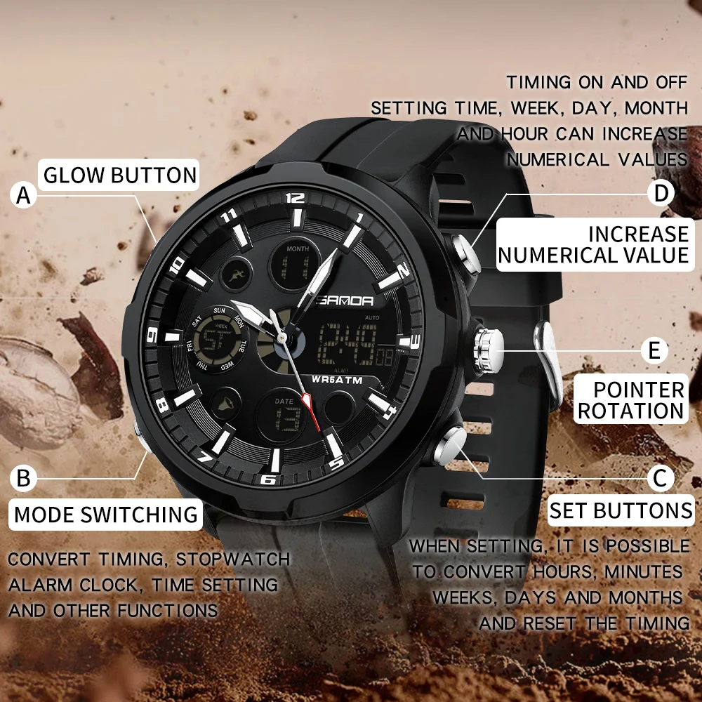 SANDA Digital Men Military Watch 50m Waterproof Wristwatch LED Quartz Clock Sports Watch Male Big Watches Men Relogios Masculino 6