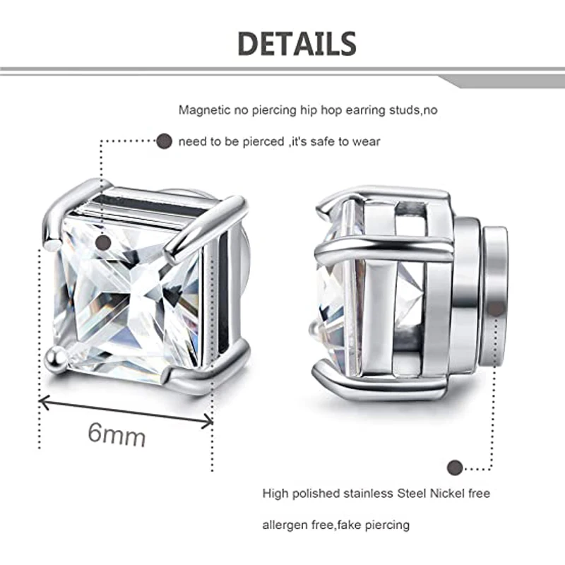 1 Pairs/6 Pairs Of Magnetic Stud Earrings Men And Women Black CZ Magnet Non-piercing Clip Earring Set Round Black Steel