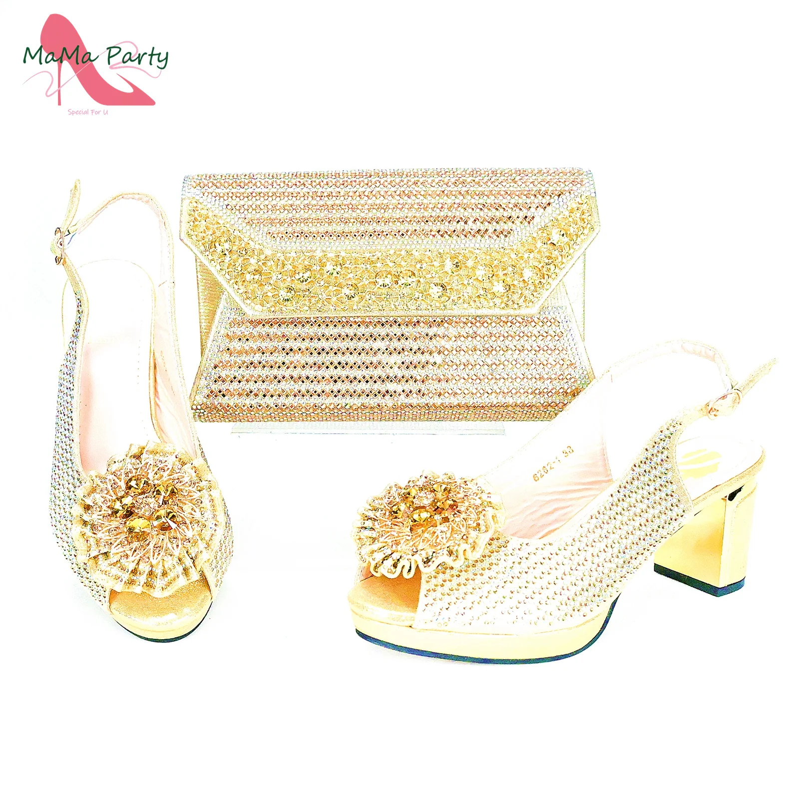 

2024 Special New Arrivals Italian Women Shoes and Bag to Match in Gold Color with Platform Shinning Crystal Sandal for Wedding