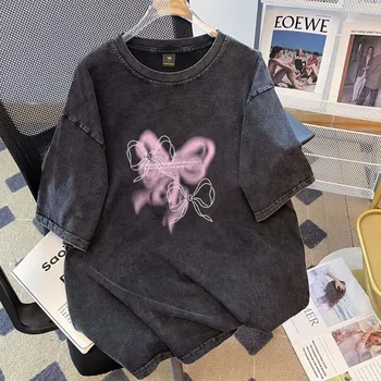 Washed Black Oversized T-shirt Women Vintage Butterfly Bow Print Short Sleeve Tee Casual Streetwear Loose Tops Gothic Aesthetic