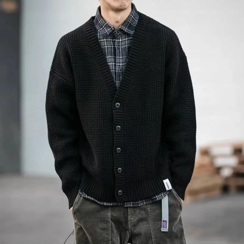 Korean Loose Vintage V-Neck Cardigan Sweater Men Spring Autumn New Solid Patchwork Button Pocket Knitted Jacket Long Sleeved Top
