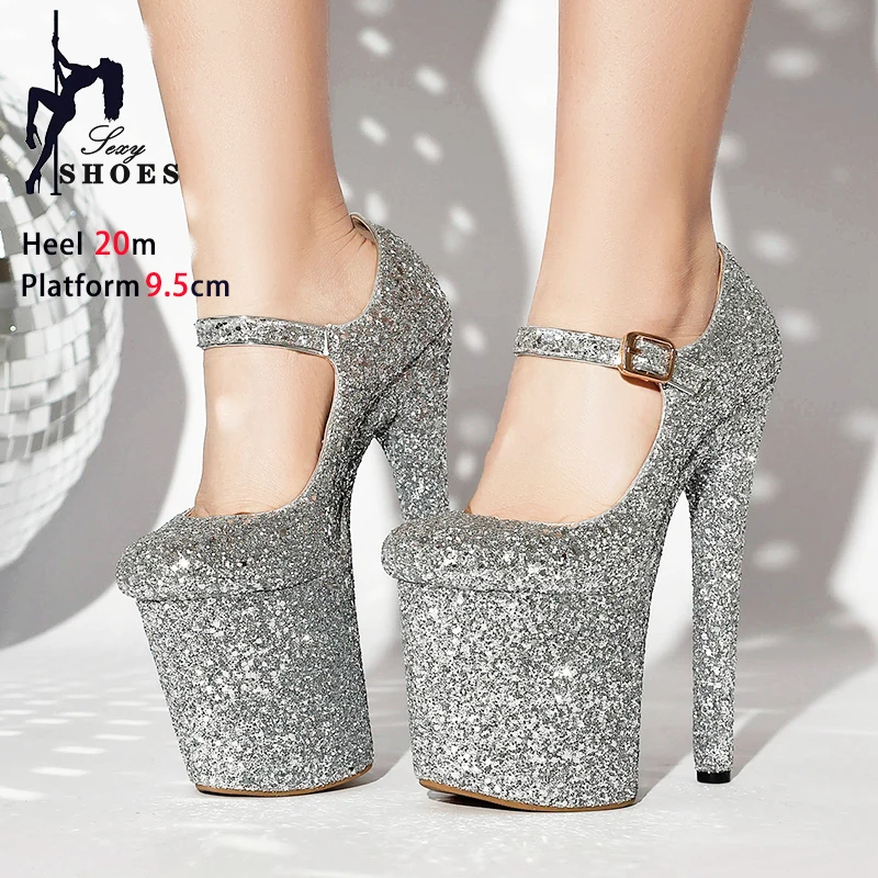 Female Sequin Pumps Fashion Buckle Strap Women Shallow Mouth Thin High Heels Nightclub Club 20CM Stripper Heels Pole Dance Shoes