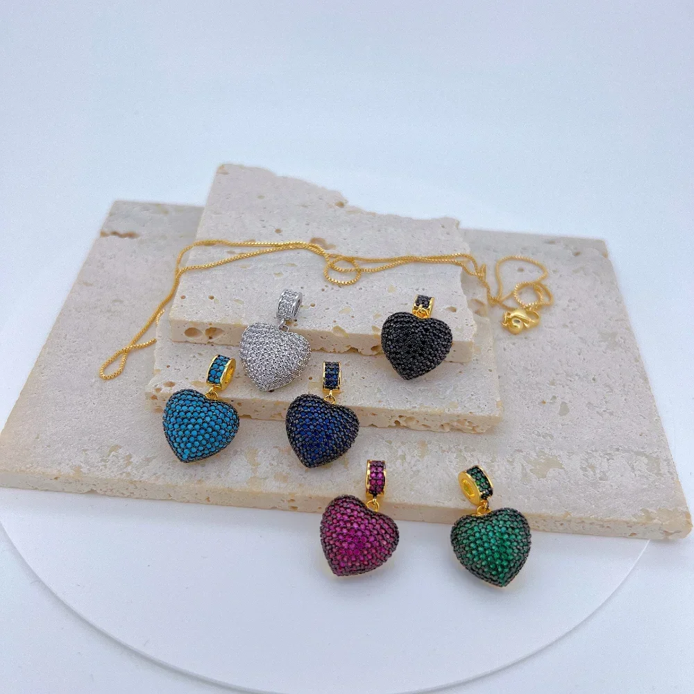 LJRIVER Colorful Zircon Heart Pendant for Diy Jewelry Making Supplies Necklace Chain Elegant Charm Accessories Wholesale 1Pcs