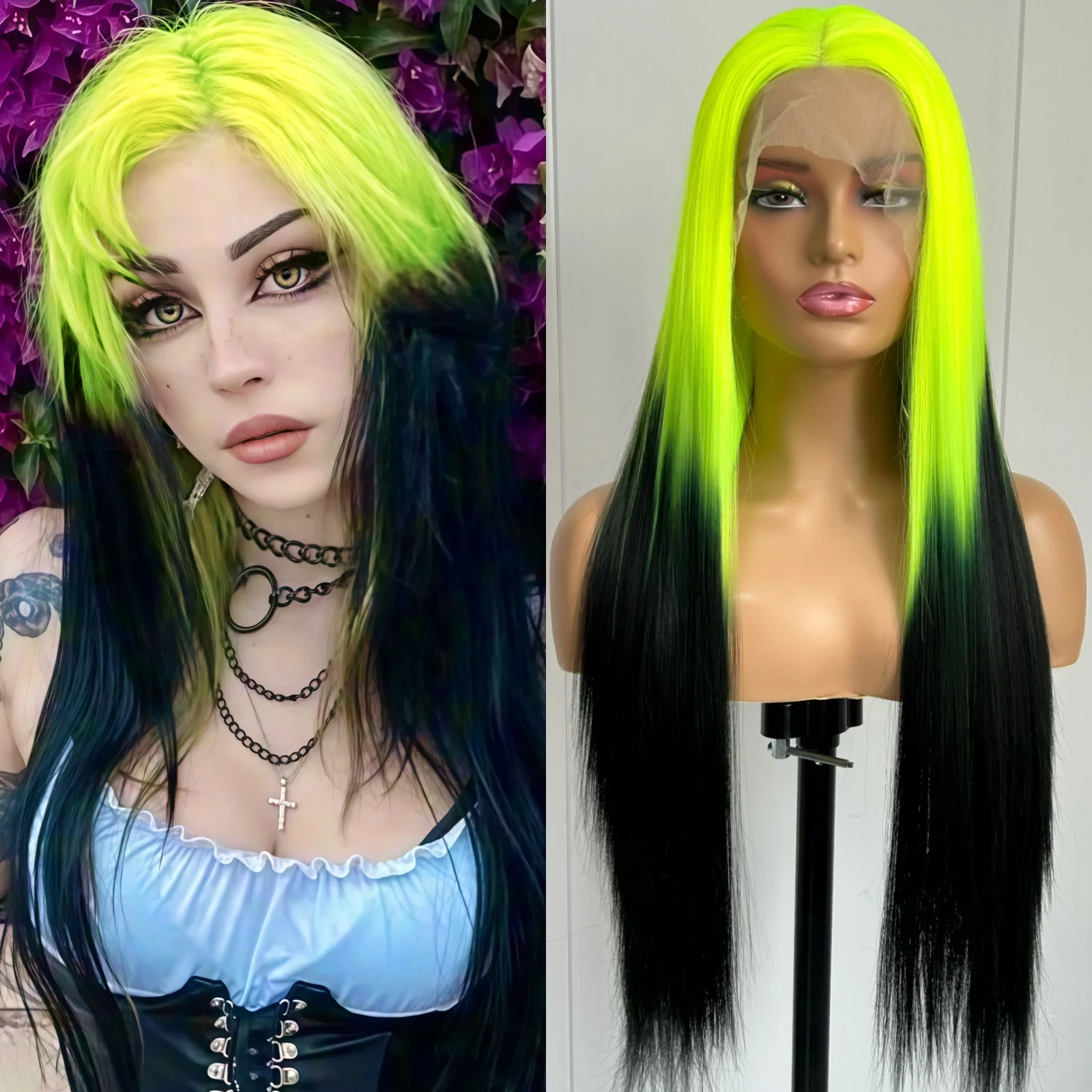 Black with Neon Green Roots Long Silky Straight Lace Front Synthetic Wig Middle Part Ombre Colored Wigs for Women Party Cosplay
