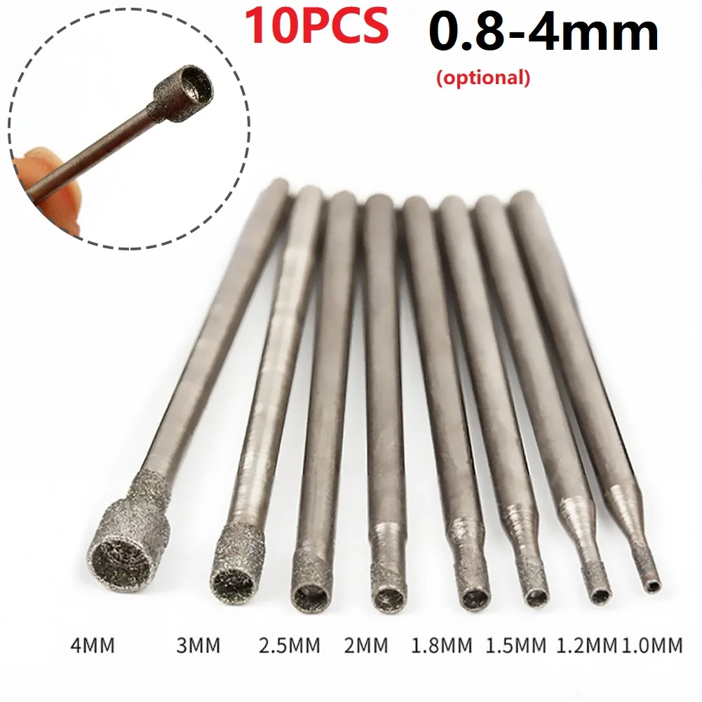 10pcs 0.8-4mm Rotary Diamond Burr Core Drill Bit Engraving 2.35mm Shank For Glass Tile Grinding Hollow Head Rotary Power Tools