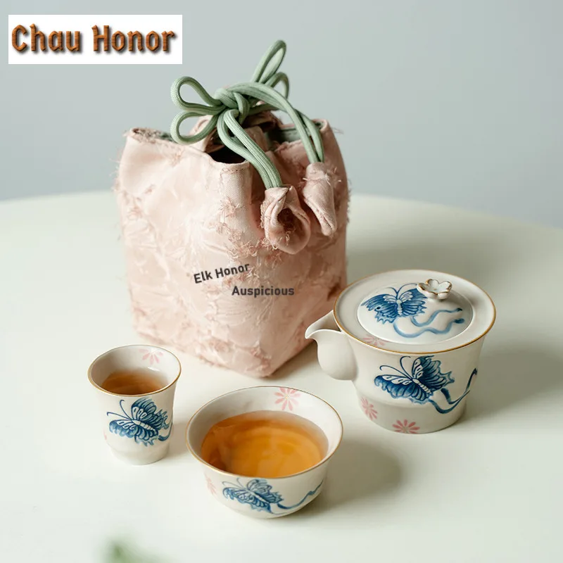 Pure Hand-painted Butterfly Daisy Travel Tea Set Kit Boutique 1 Pot 2 Cups Tea Maker Organizer Portable Picnic Tote Bag Supplies