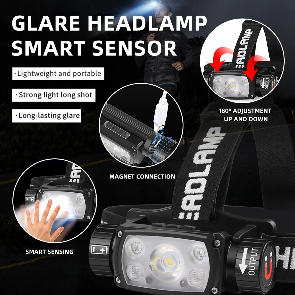 Headlamp USB LED Rechargeable 3 Modes Induction Headlight 18650 Battery XHP50 Flashlight Night Outdoors Camping led lights