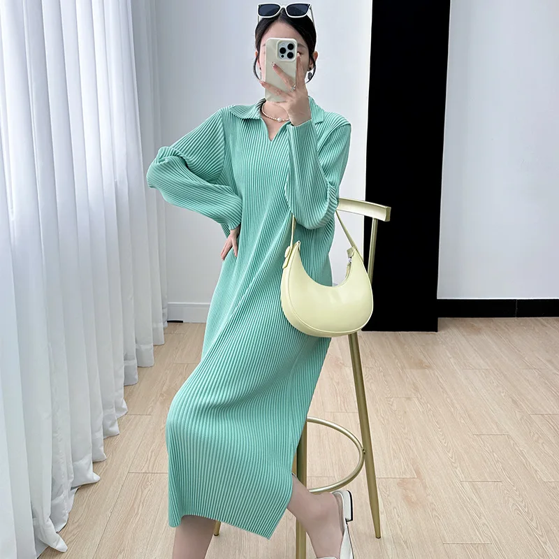 

Autumn New Pleated Maix Dress Fashion Casual Style Flip Collar Loose Fitting Dress Korean Version Simple and Advanced Sense