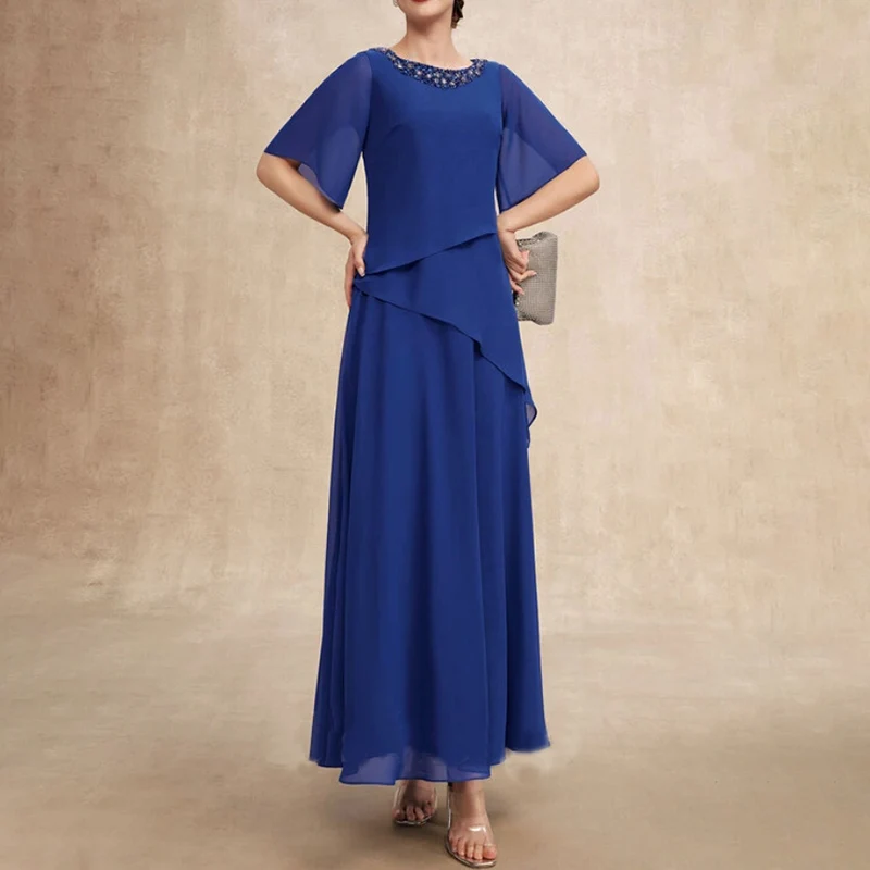

Elegant Beads Long Mother of the Bride Dresses Crystal Chiffon O-Neck Ankle-Length A-Line Wedding Guest Party 2023 Evening Gala