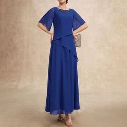 Elegant Beads Long Mother of the Bride Dresses Crystal Chiffon O-Neck Ankle-Length A-Line Wedding Guest Party 2023 Evening Gala