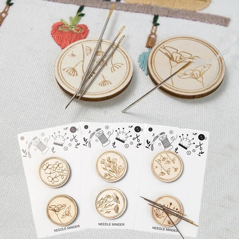 Cross Stitch Wood Needle Minder Round Sewing Magnet Needle Keeper Embroidery Carved Flower Pattern Needlework Accessories 2Pcs
