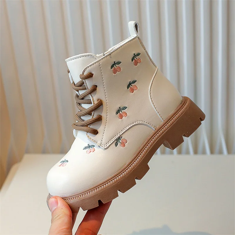 Little Girl Winter Leather Boots with Ankle Support Cherry Pattern Non-Slip Soft Sole Tie-up Zipper Shoes