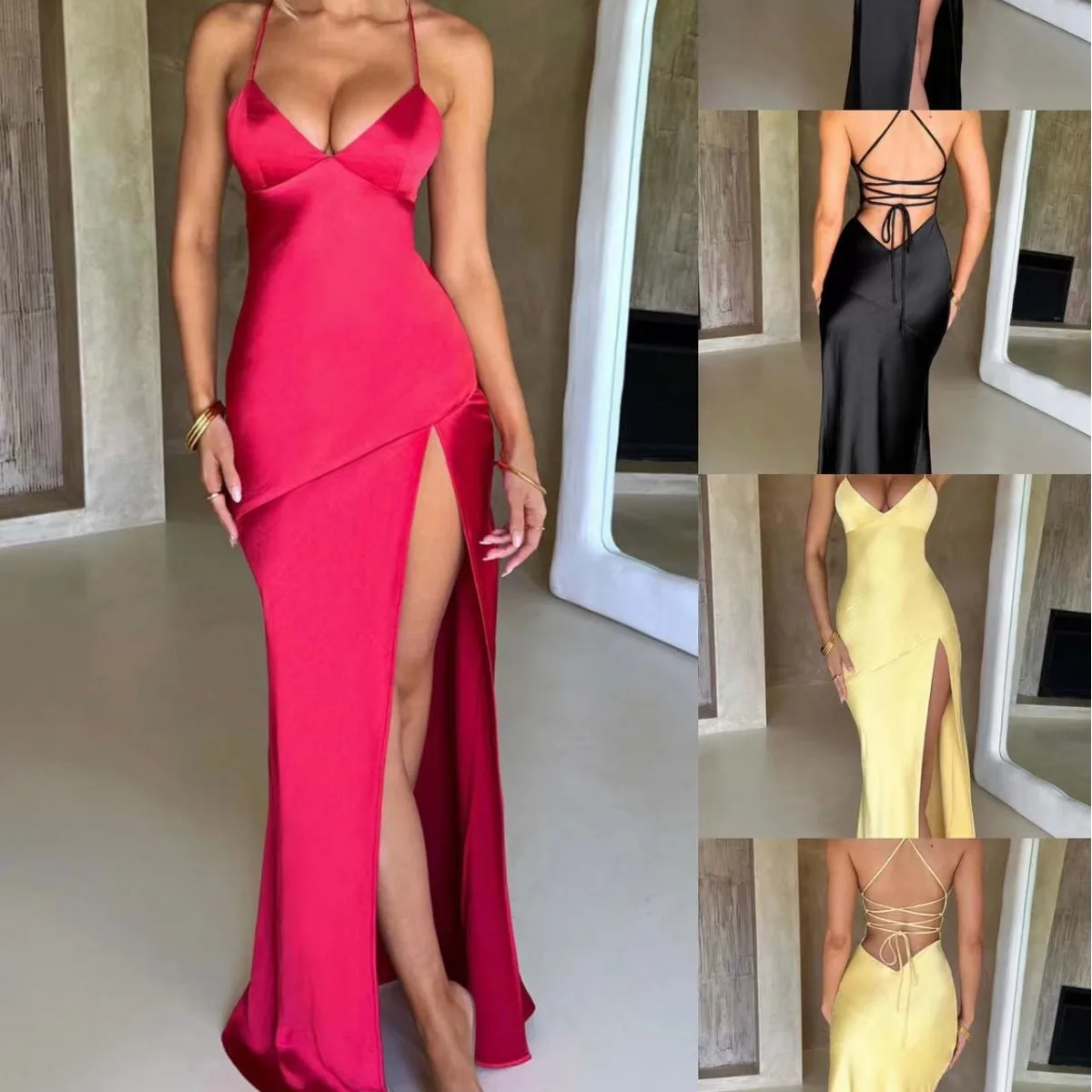 

Green Sexy Backless Satin Party Dress Women Summer Elegant V-neck Open Back Split Slim Club Long Dress Dropshipping Wholesale 88