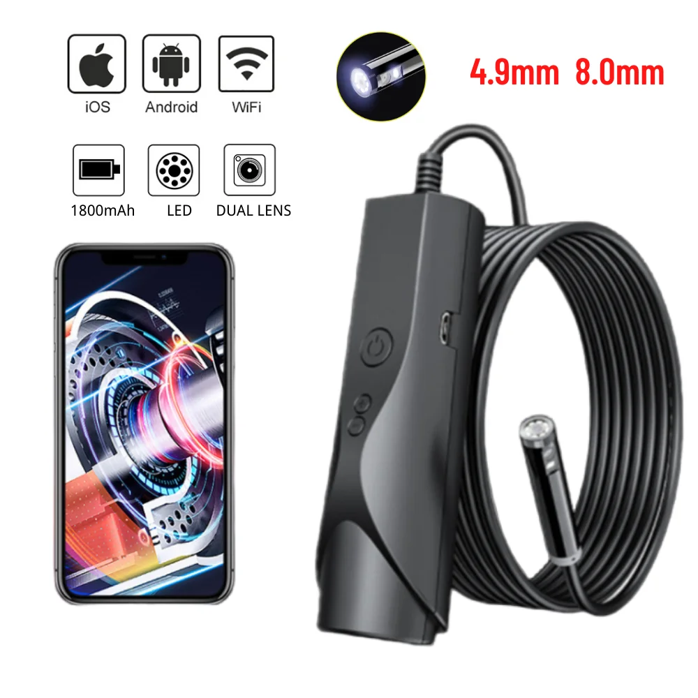 

8mm 4.9mm Dual Lens WIFI Endoscope Camera 1080P Flexible Borescope for Pipeline Car Inspection Support IOS Android Phone