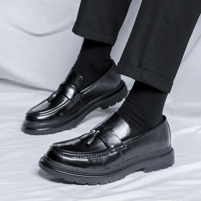 STRONGSHEN Men Tassel Casual Leather Shoes Mens Handmade Mocassin Loafers Brand Luxury Fashion Tassel Platform Business Shoes leather shoes