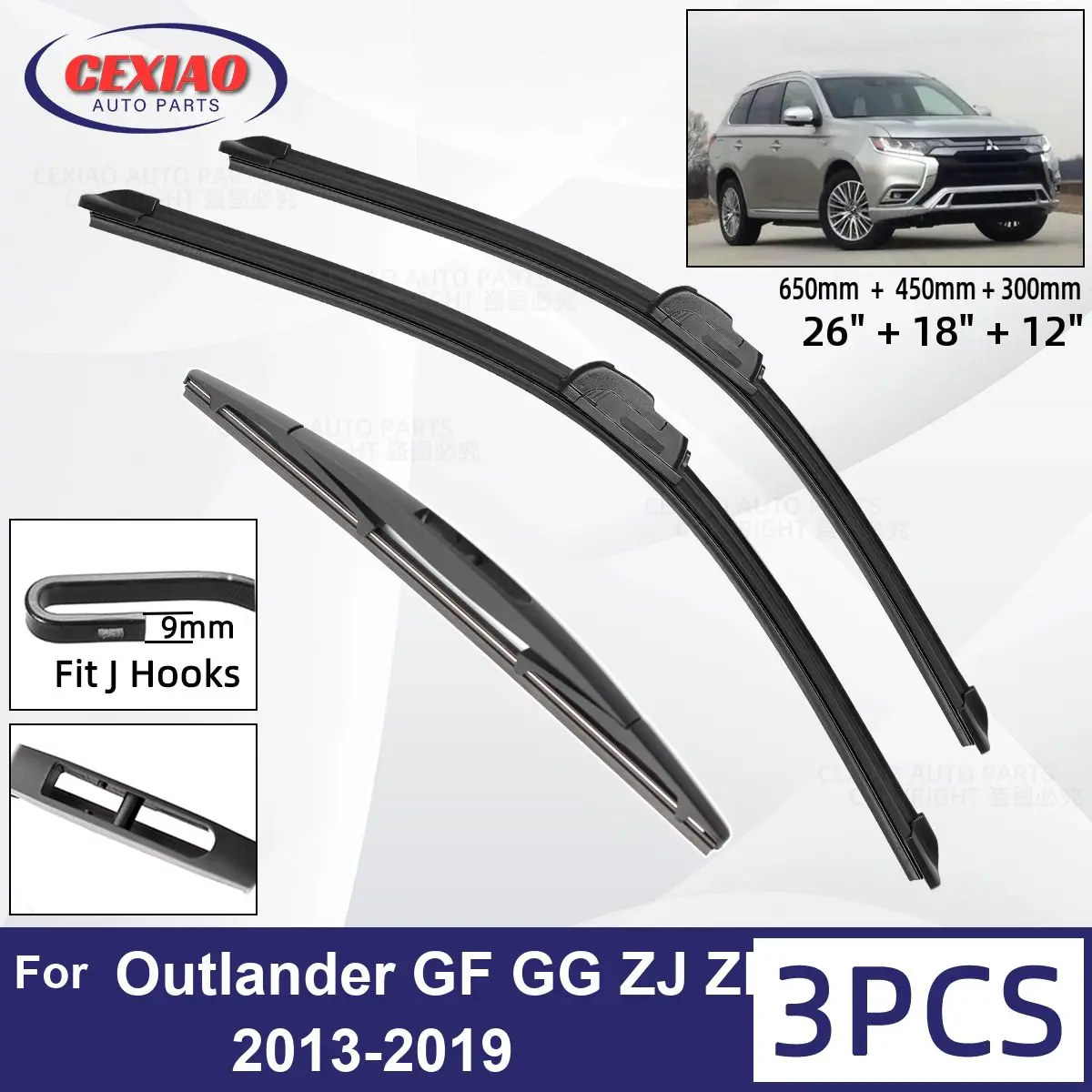 

For Mitsubishi Outlander GF GG ZJ ZK 2013-2019Car Front Rear Wiper Blades SoftRubber Windscreen Wipers Auto Windshield 26"18"12"