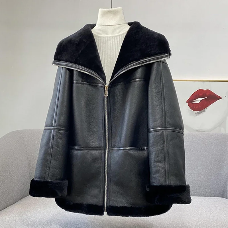 New Fashion Winter Women Real Natural Merino Sheep Fur Coat Genuine Leather Jacket Thick Warm Luxury Female Coats