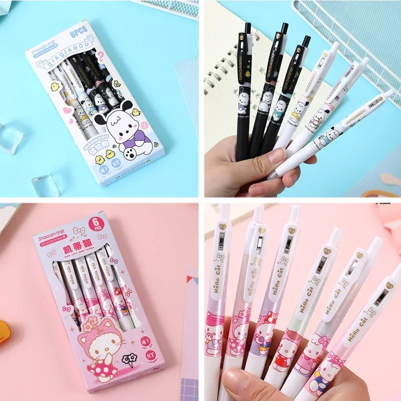 

6pcs Sanrio Gel Pen Cute Hello Kitty Pachacco Student Writing Signature Neutral Pen School Office Supplies Stationery Wholesale