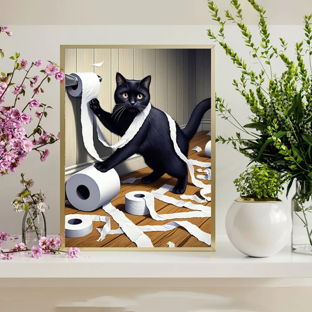 Cat With Toilet Paper Animal Poster Canvas Print, Funny Cat Bathroom ...