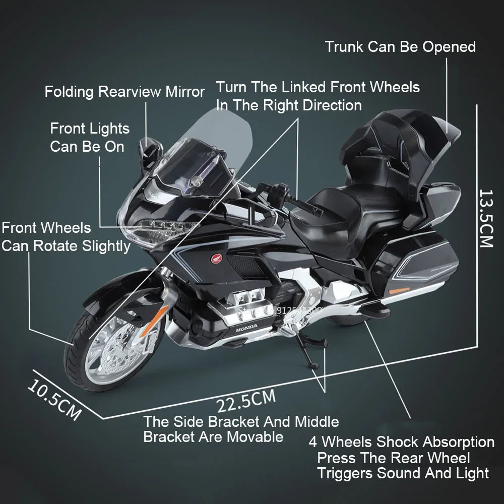 1:11 Honda Gold Wing GL800 2021 Motorcycle Model Toy Car Linkage Steering Shock Absorption Motorbike Models Boys Birthday Gifts 2