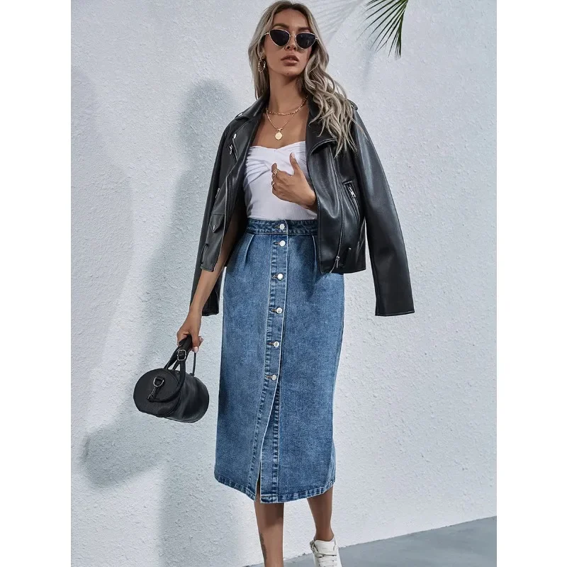 

Benuynffy Single Breasted Knee Length Denim Skirt Women Streetwear Casual Pocket High Waist Straight Jeans Skirt New