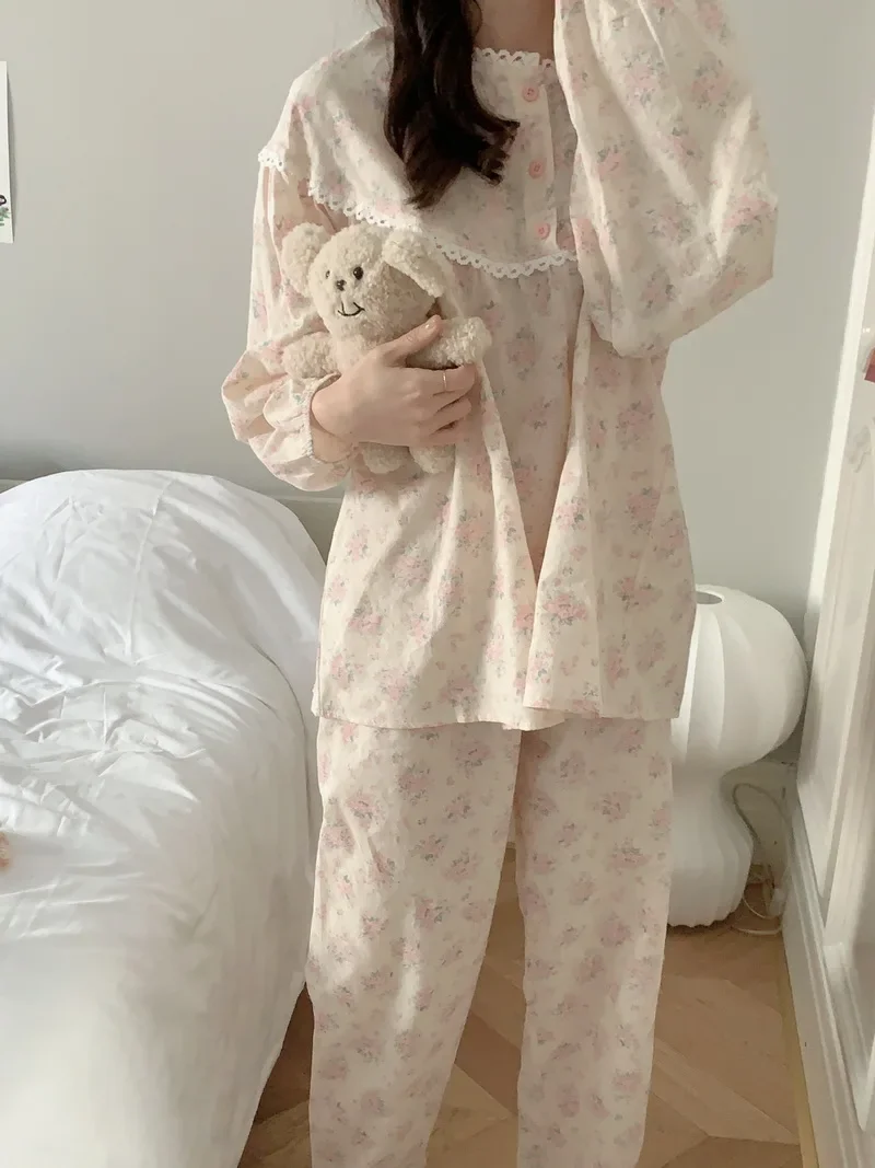 

Korean Pink Floral Print Pajama Sets 100% Cotton Women Sleepwear Autumn Winter Ladies Pyjamas Long Sleeve Lace Home Clothes S396