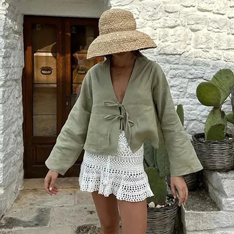 Summer Cotton Linen Lace Up Shirt for Women Elegant Long Sleeve V Neck Loose Blouse Female Solid Casual Street Chic Lady Tops