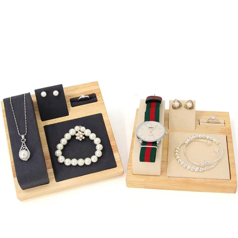 Wooden Set Jewelry Display Stand Tray Platform Earring Ring Necklace Bracelet Watch Jewellery Organizer Multi-Purpose Decorative