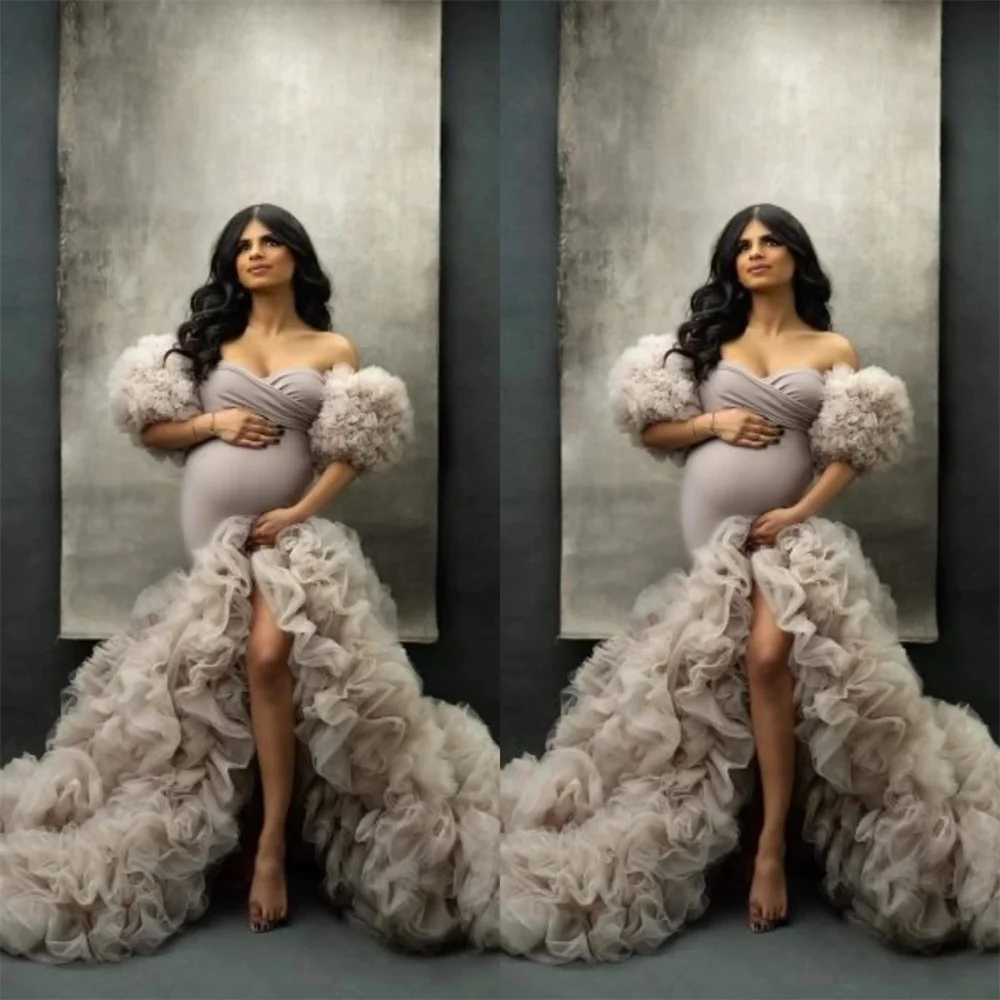 

Luxury Puffy Tulle Mermaid Pregnant Dresses Ruffles Half Sleeves Maternity Gowns Clothes Sweetheart Photography Dress
