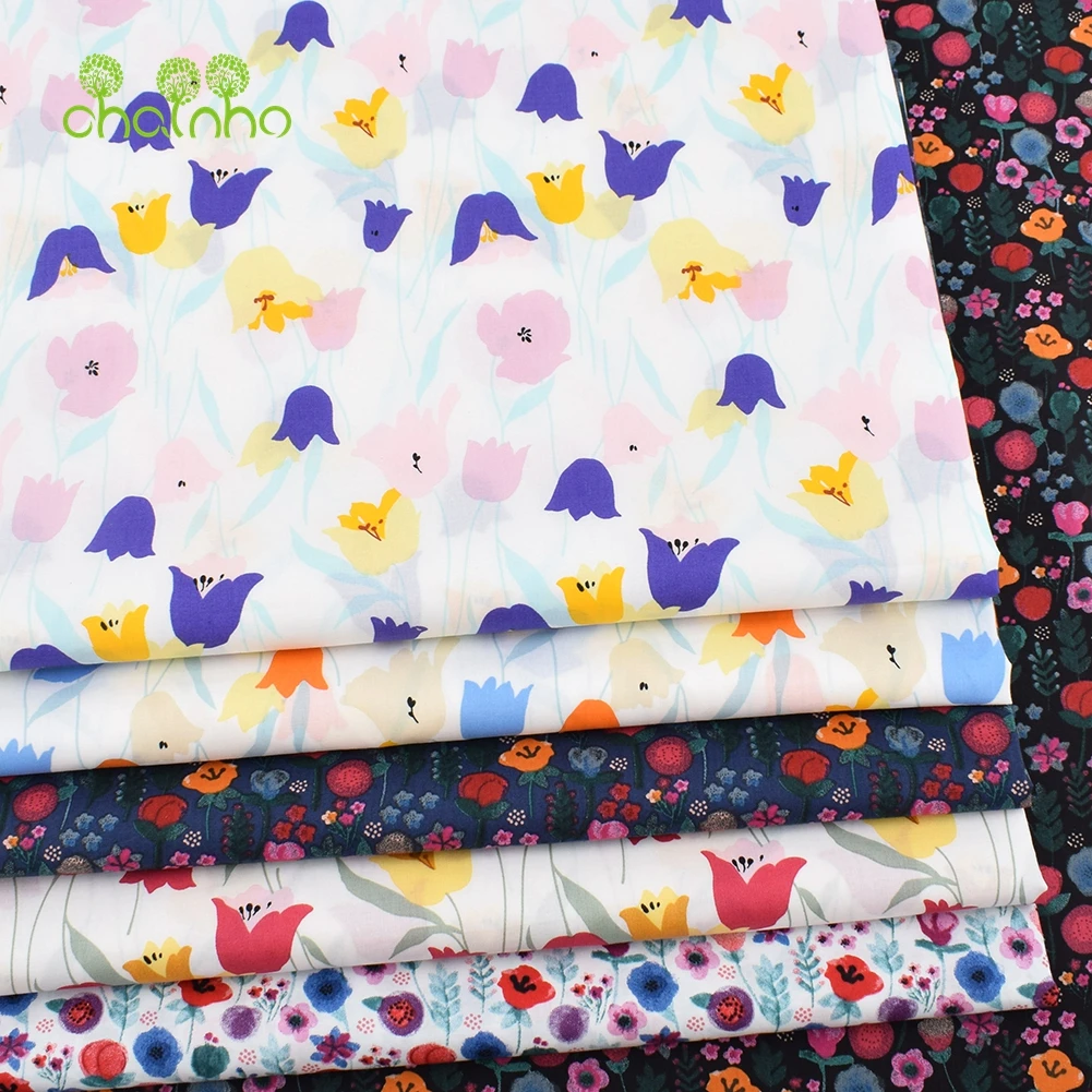 Chainho,Printed Plain Weave Poplin Cotton Fabric,DIY Sewing Quilting Material,Patchwork Cloth,Floral Series,3Sizes,15PC47
