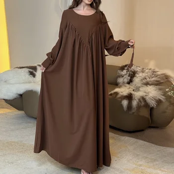 Casual Maxi Dress Women Long Sleeve O-neck A-line Long Dresses Modesty Islamic Arabian Dress Loose Ramadan Dresses