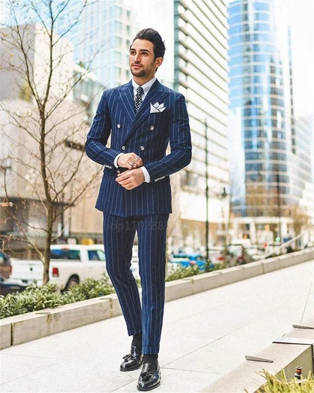 2 Piece Classic Navy Blue Striped Men's Suits Slim Fit Business Blazer Double Breasted Wedding Groom Tuxedos Set Terno Masculino