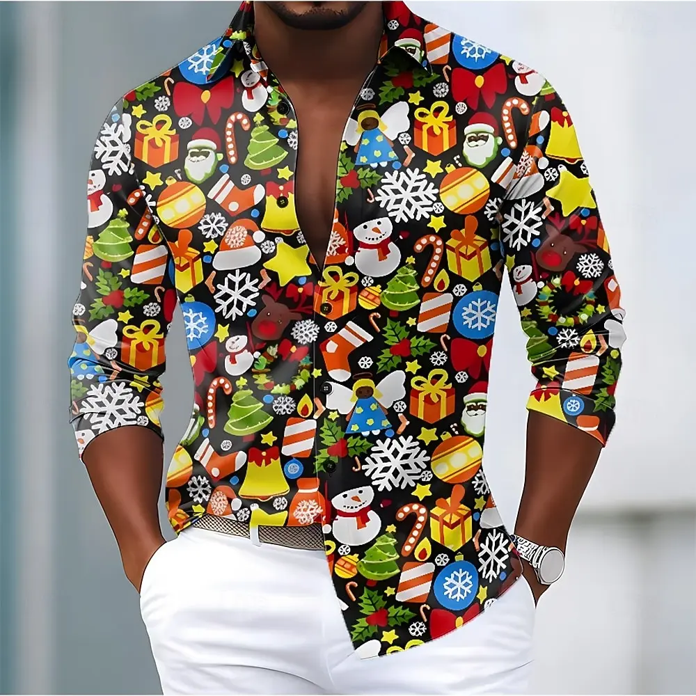 Mens Festive Snowman Christmas Button Up Shirt Long Sleeve Casual Fun Shirt