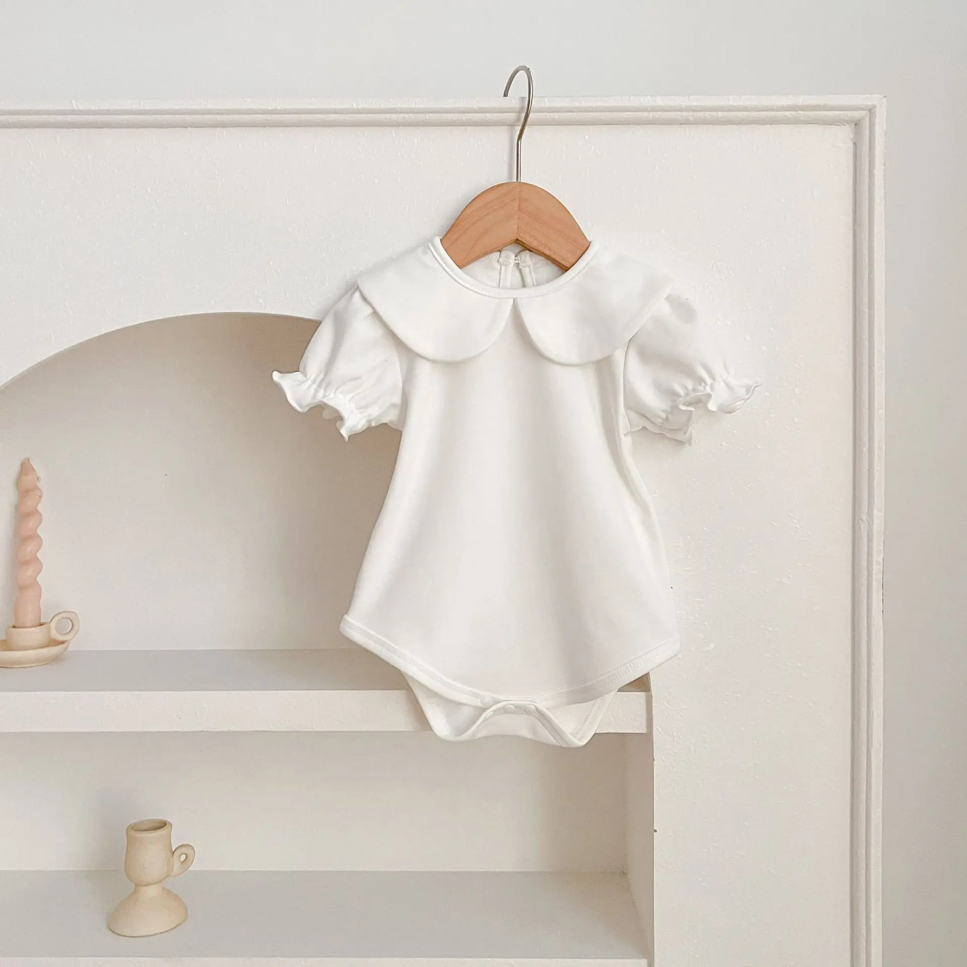 Sommer Neugeborenen Kinder Baby Mädchen Puppe Kragen Einfarbig Infant Baby Mädchen Kurzarm Strampler Kleidung – Detail 2