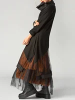 Plus Size Women's Dress Cowl Neck Patchwork Mesh Tiered Long Sleeve Maxi Dress A-Line Aysmmetric Hem Dress-Only Black Part - Image 3
