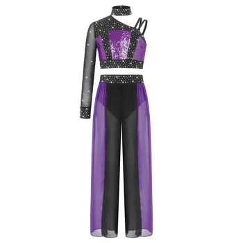 Completo da ballo moderno jazz e lirico per bambine, con top corto in rete con strass lucidi e pantaloni in chiffon, costume per balletto e pattinaggio artistico