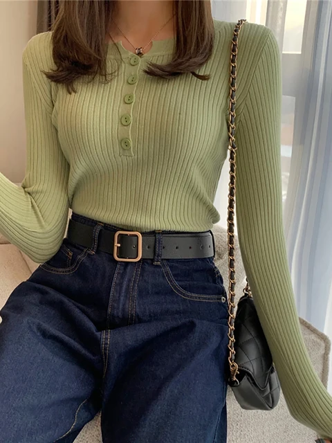 Knitted Women Sweater Button O-neck Pullovers Spring Autumn Basic Sweaters for Female Pullover Slim Solid Bold Stripes Tops 6