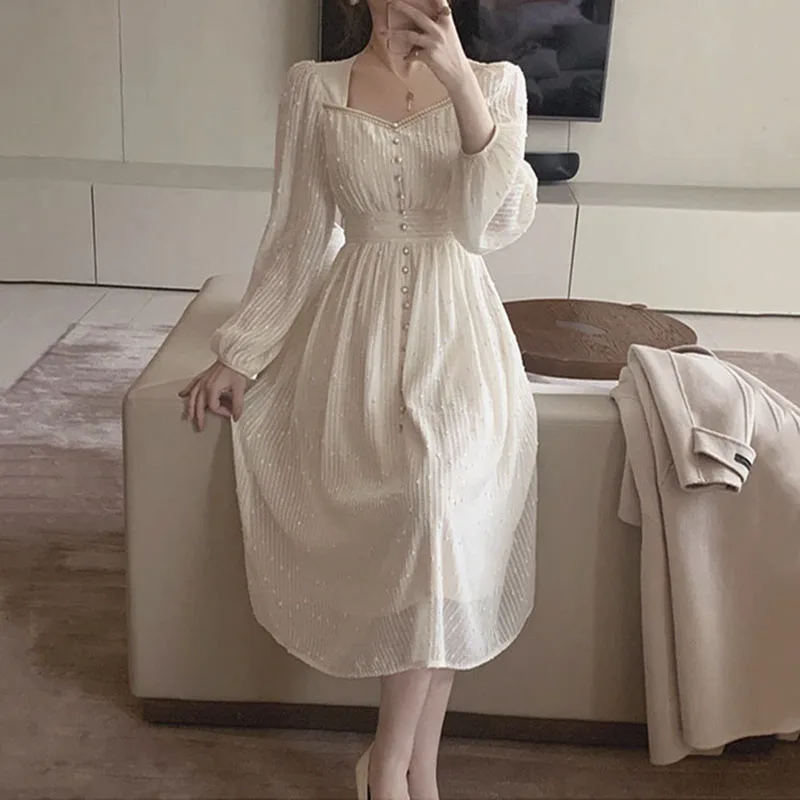 

French Retro V Neck Dress Women's 2021 Spring Autumn New Party Long Sleeved Midi Bottoming Button Long Sleeve Elegant Clothing