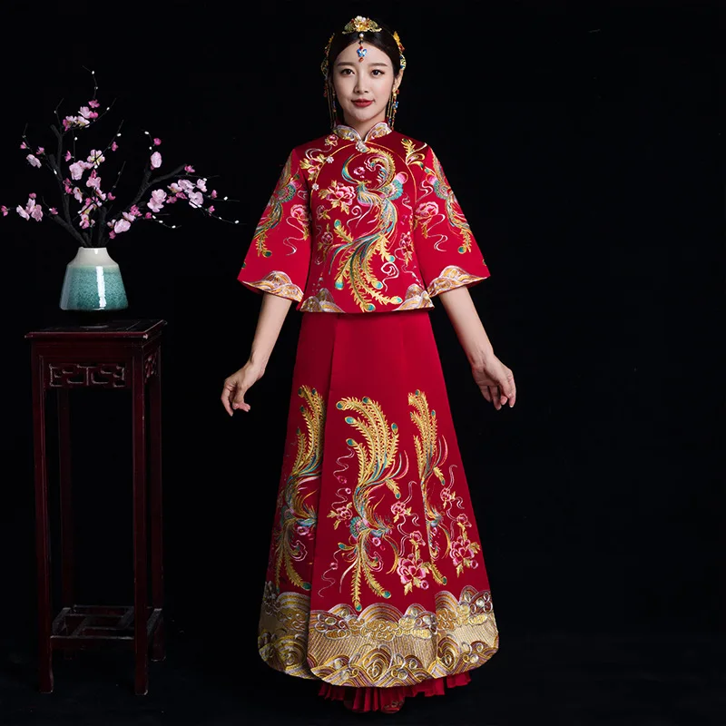 

Wedding Dress Retro Standing Collar Three Quarter Sleeve Qipao Chinese Traditional Tang Suit Xiuhe Women's Engagement Dress