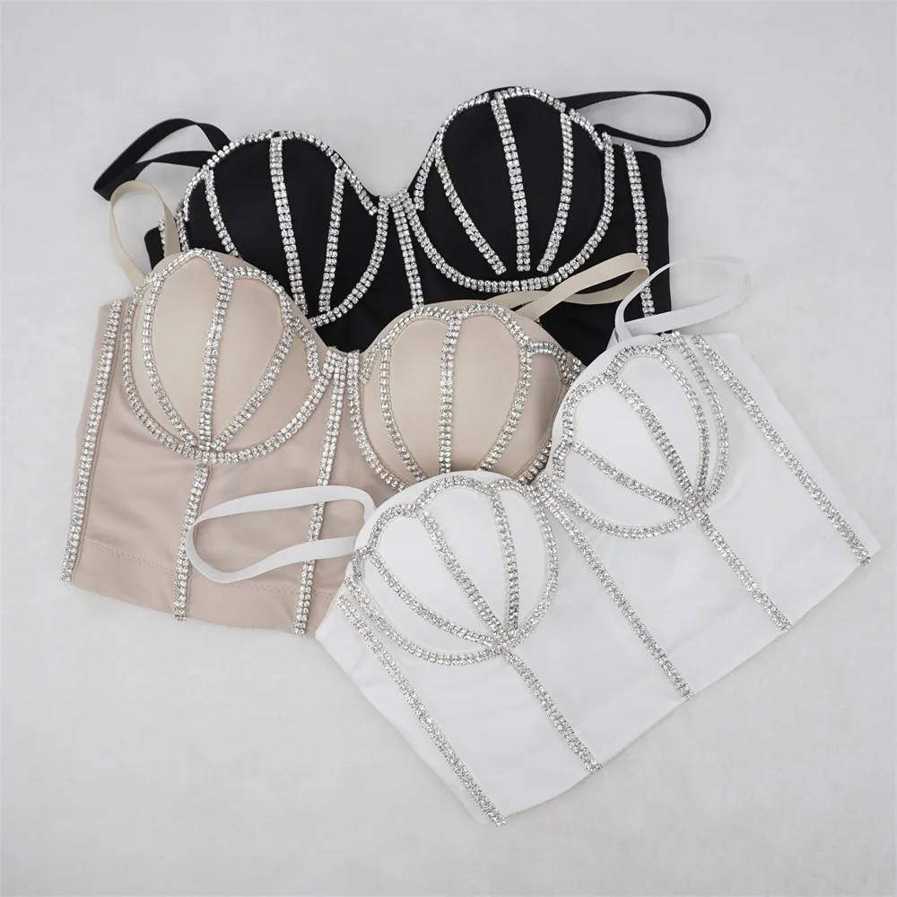 Women Long Bra With Chain Shiny Beaded Bra Sexy Tights Tummy Control Fishbone Chest Sling