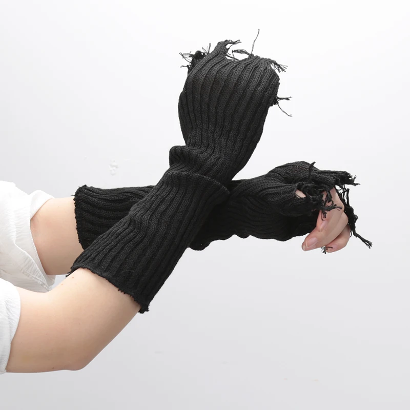 Fingerless gloves Girl Gloves Black Beige Tattered Punk Unisex Fingerless Cuff Knit Glove Women Men Elbow Mittens Broken Arm Warmer Gloves