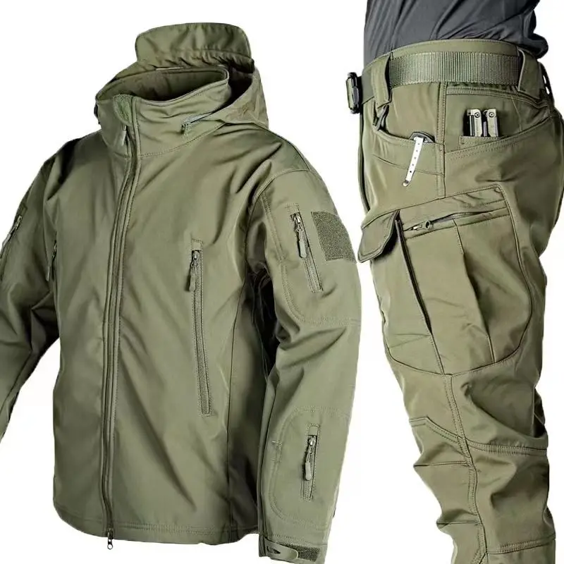 

2024 Winter Special Tactics Training 5XL Soft Shell Plush Thick Waterproof Windproof Hooded Warm Jacket and Pants