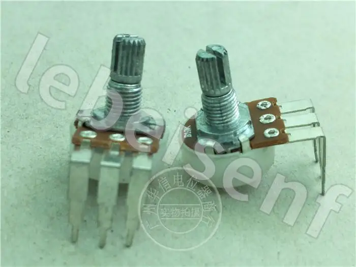 

5pcs 148-type single rotary potentiometer B10K large curved foot / handle length 15MM / knurled shaft with midpoint