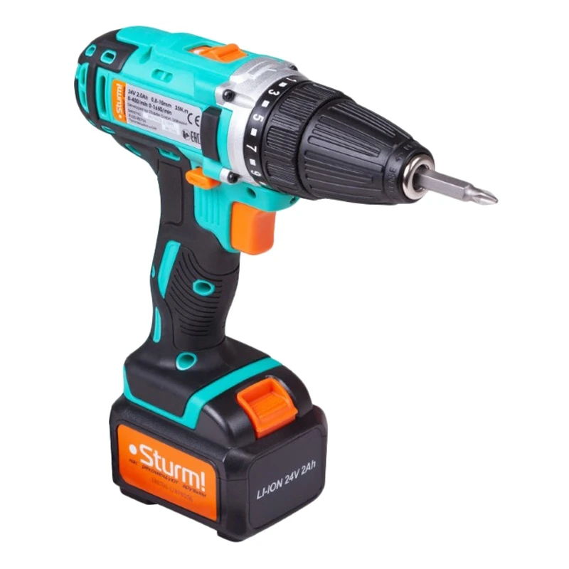 Дрель-шуруповерт аккумуляторная Sturm! CD3224L (Быстрозажимной патрон, 2 режима, 1650 об/мин, 350 Нм, Li-Ion 24 В, ревер